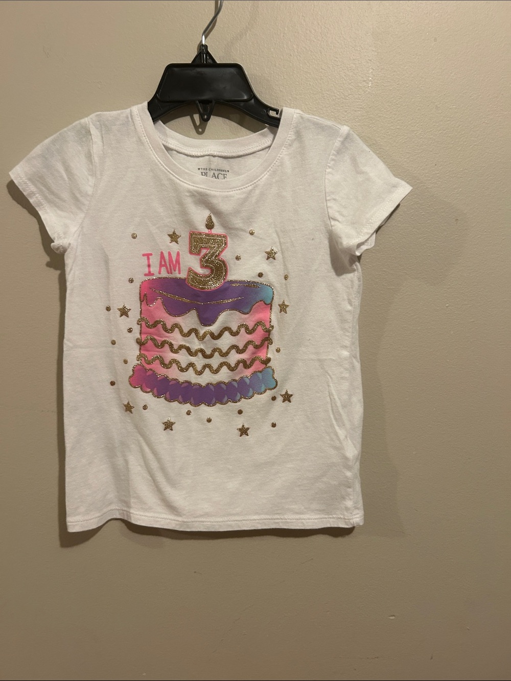 The Children's Place White Tee with Pink Purple Blue Glitter Cake Graphic